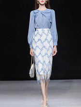 Load image into Gallery viewer, 2PS Blue Bow Collar Satin Shirt And Lace Mermaid Skirt Suit