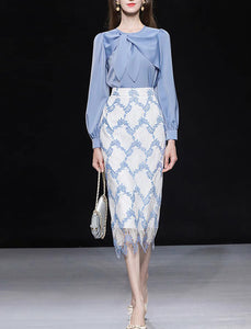 2PS Blue Bow Collar Satin Shirt And Lace Mermaid Skirt Suit