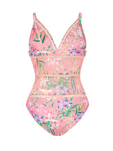 Load image into Gallery viewer, Pink Lace Flowers One-piece Swimsuit With Bathing Suit Warp Skirt