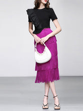 Load image into Gallery viewer, 2PS Black Ruffles Retro Short Sleeve T Shirt With Fringe Skirt Suits