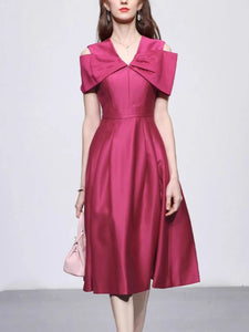 Rose Luxury Bow V Neck High Waist Swing Party Dress