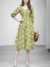 Load image into Gallery viewer, Mustard Yellow Square Neck Floral Print 1950S Vintage Swing Dress