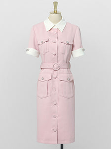 Pink Tweed Turndown Collar Short Sleeve 1960S Vintage Dress