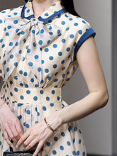Load image into Gallery viewer, Blue Polka Dots Bow Collar 1950S Vintage Dress With Cap Sleeve