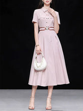 Load image into Gallery viewer, Women’s Apricot Pink Double-Breasted Belted Tunic Shirt Dress
