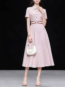 Women’s Apricot Pink Double-Breasted Belted Tunic Shirt Dress