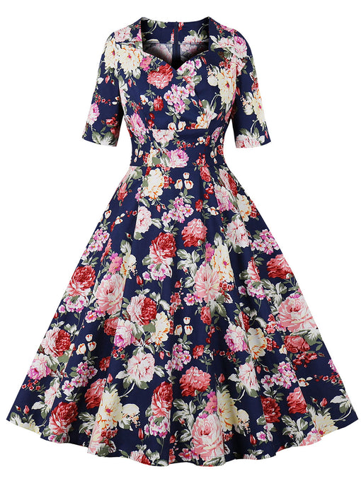 Navy Sweet Heart Floral Print 1950S Vintage Dress