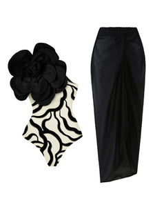 Black Zebra Print One Shoulder Flower Swimsuit With Bathing Suit Warp Skirt