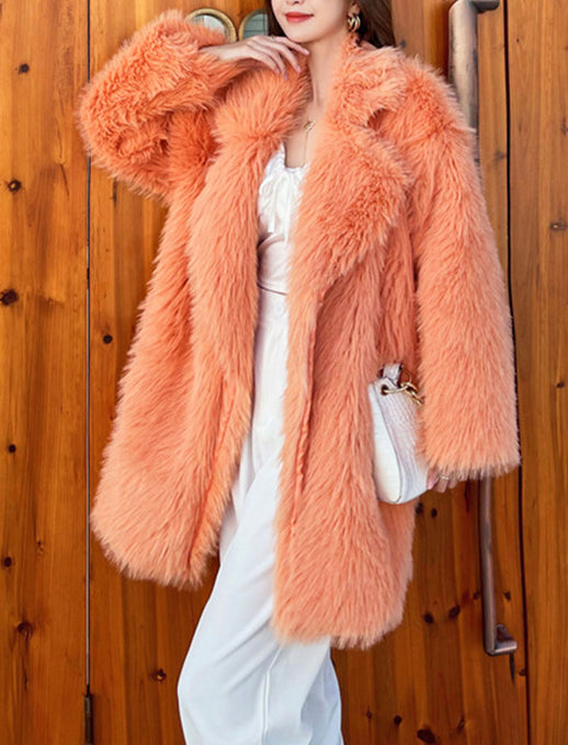 Orange Faux Fur Long Sleeve Lambswool Coat Women Winter Coat