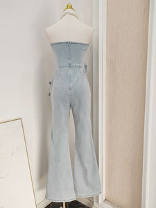 Bandeau Floral Denim Vintage Jumpsuit