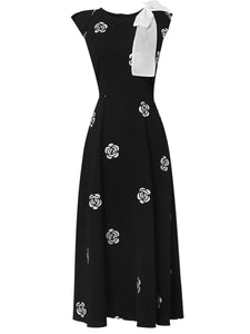 Black Bow Collar Embroidered Rose 1950S Vintage Dress