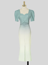 Load image into Gallery viewer, Blue Gradient Sweet Heart Collar Puff Sleeve Slit Mermaid Dress