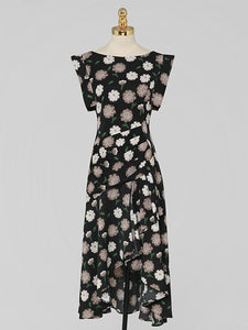 Black Crew Neck Ruffles Irregular Hem 1960S Vintage Dress