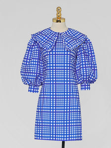 Blue Sweet Lapel Plaid Puff Sleeve 1960S Vintage Dress