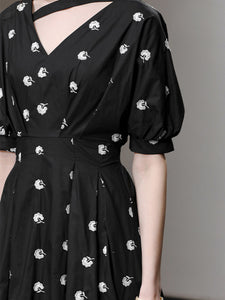 Black V Neck Balloon Sleeve Embroidered 1950S Vintage Dress