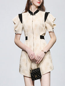 Apricot Jacquard Fabric Short Sleeve High Waist Jumpsuit