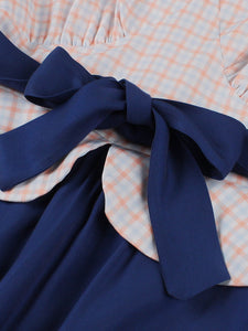 Blue Plaid V Neck 1950s Swing Dress