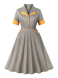 1950S Grey Turndown Collar Short Sleeve Vintage Dress, Brown / L 1950S Grey Turndown Collar Short Sleeve Vintage Dress, Brown / L