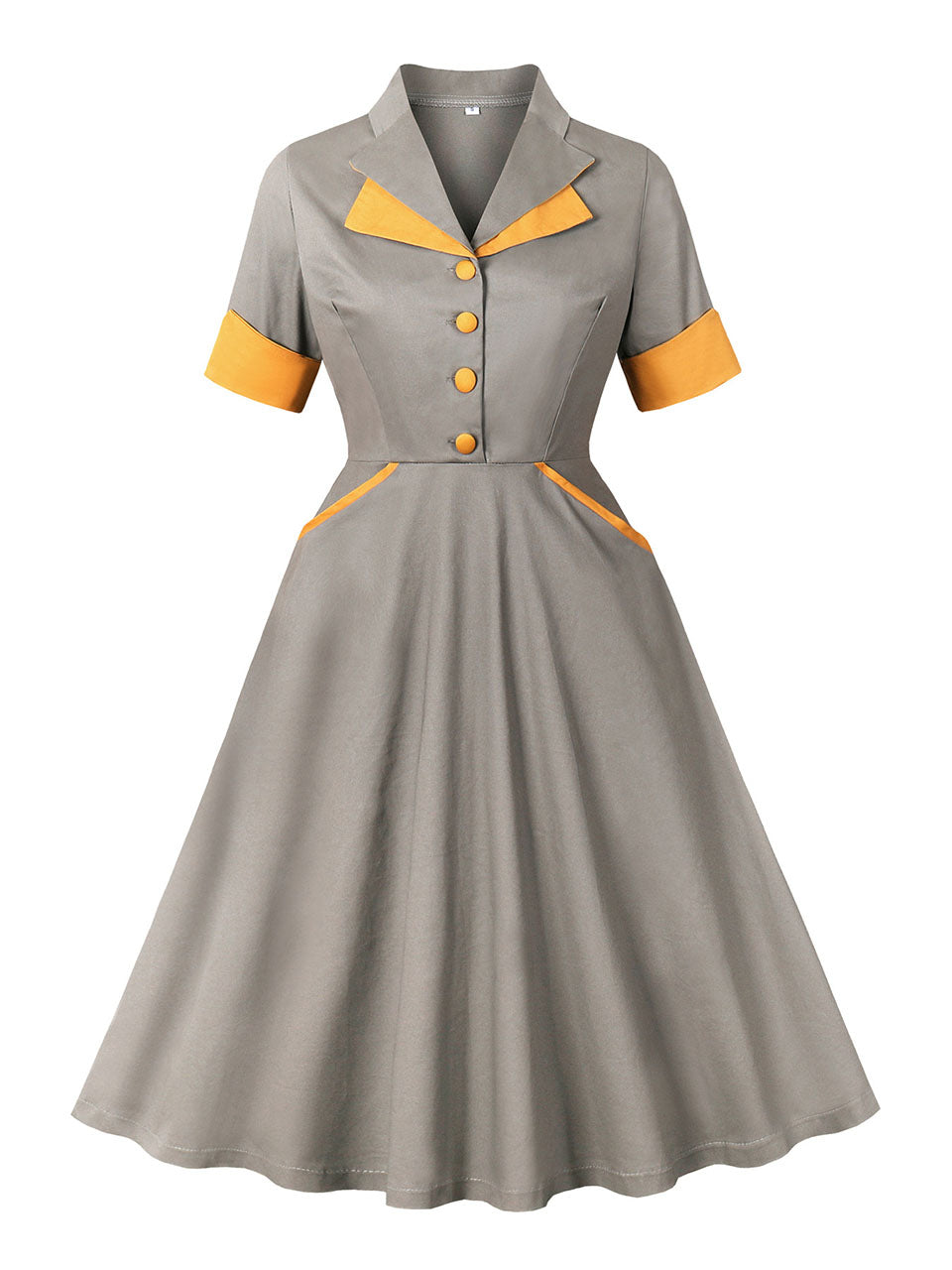 1950S Grey Turndown Collar Short Sleeve Vintage Dress, Brown / L 1950S Grey Turndown Collar Short Sleeve Vintage Dress, Brown / L