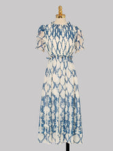 Load image into Gallery viewer, Blue Floral Print Puff Sleeve Organza 1950S Dress