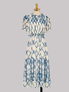 Blue Floral Print Puff Sleeve Organza 1950S Dress