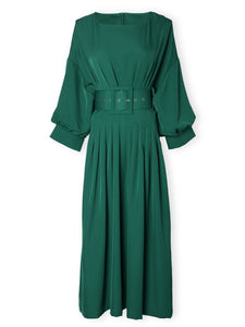 Green Dolman Sleeve High Waist Swing Party Dress With Belt