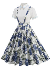 Load image into Gallery viewer, Navy Floral Print High Waist Audrey Hepburn Style Cocktail Suspender Swing Dress