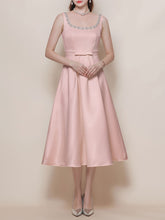 Load image into Gallery viewer, White Satin U Neck Sleeveless Classic 1950S Vintage Wedding Dress with Pearl Detailing