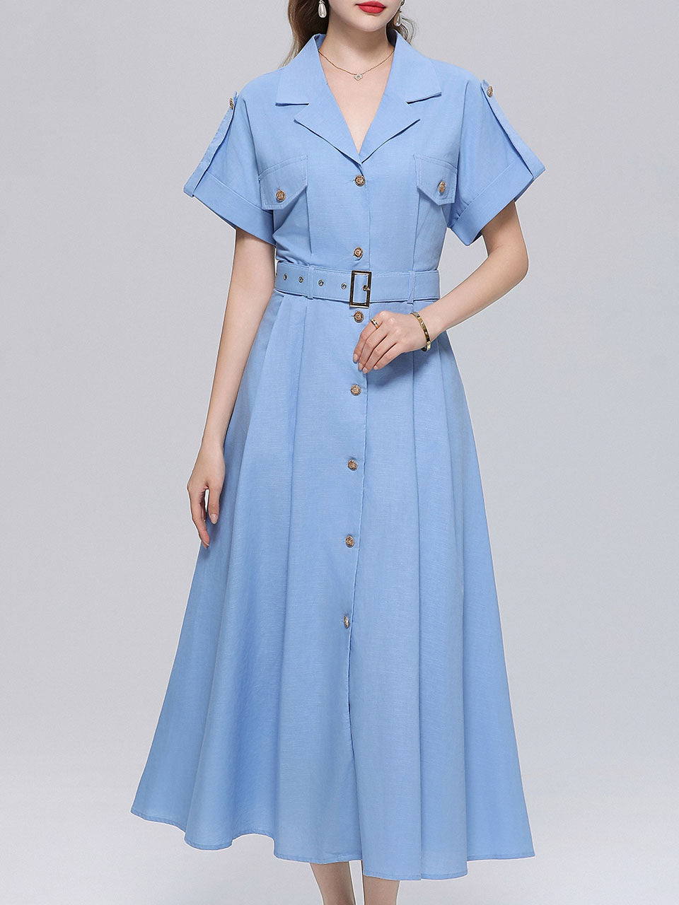 Vintage 1940s Style Brown Safari Shirt Dress - Retro Military Chic Button-Down Swing Dress with Belt, Blue / XS Vintage 1940s Style Brown Safari Shirt Dress - Retro Military Chic Button-Down Swing Dress with Belt, Blue / XS