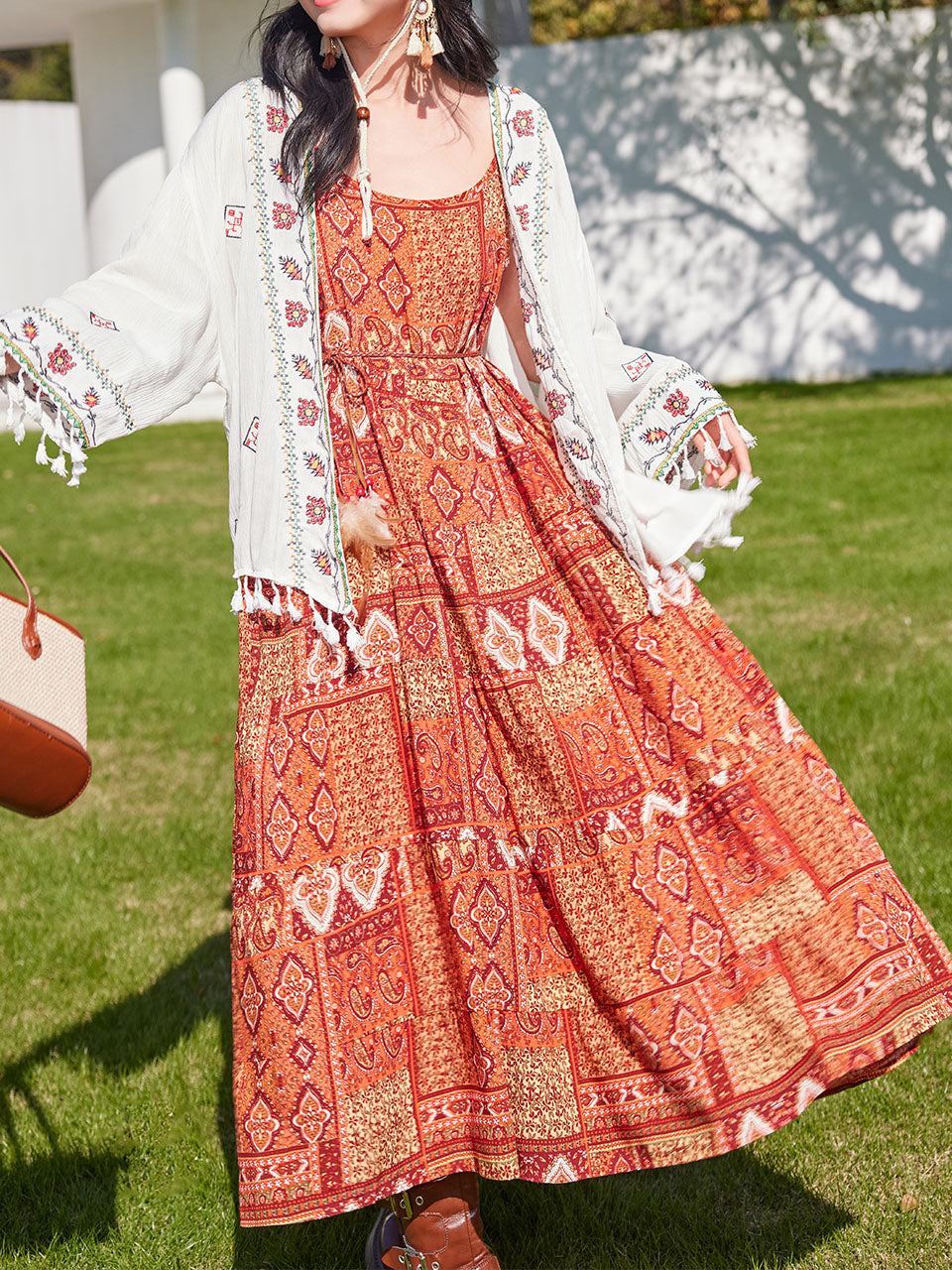 Bohemian Orange Strap Boho Maxi Dress with White Tassel Scarf Shawl – Jolly Vintage Bohemian Orange Strap Boho Maxi Dress with White Tassel Scarf Shawl – Jolly Vintage