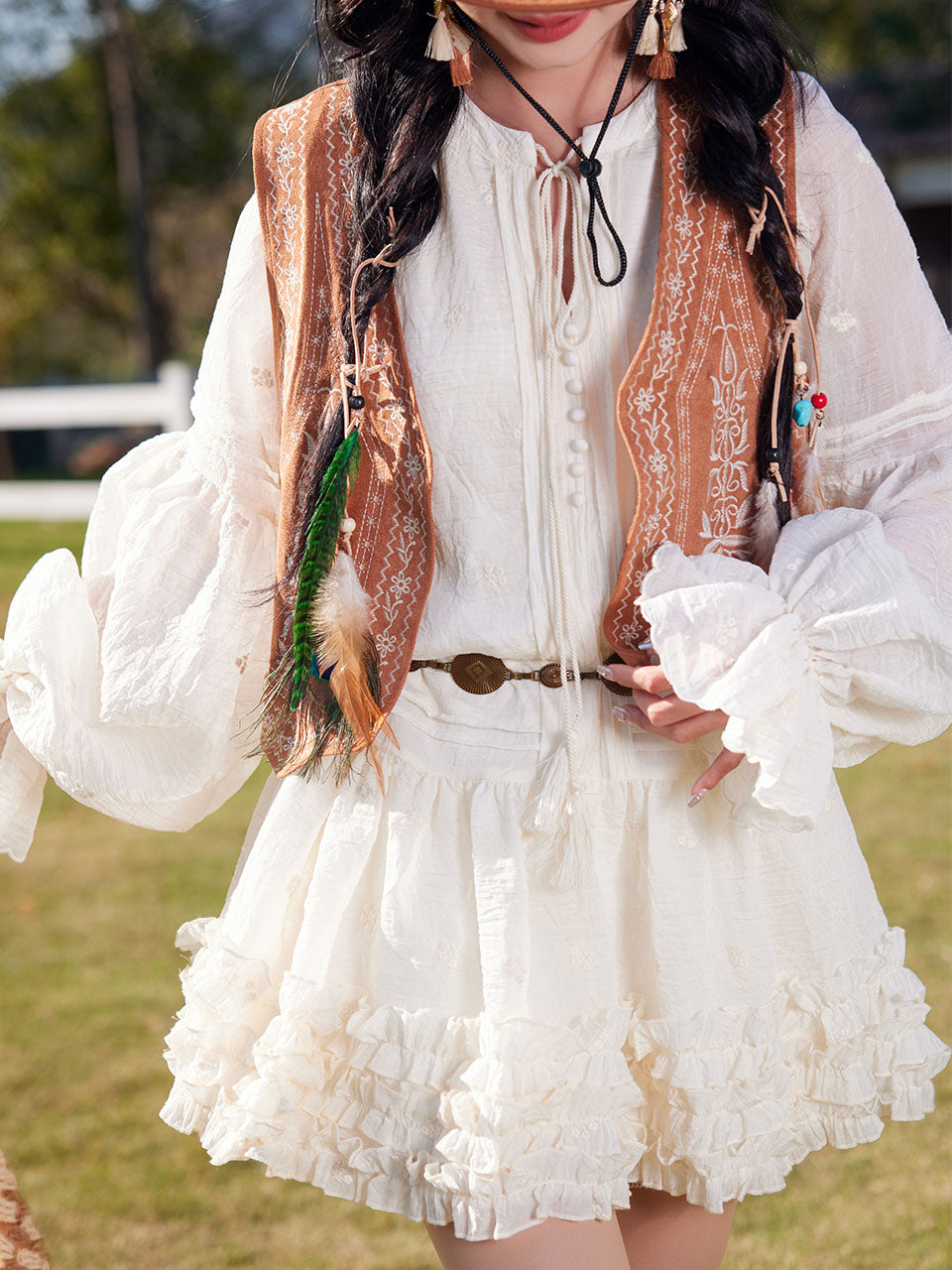 Bohemian White Long-Sleeved Mini Dress with Suede Embroidered Vest Boho Suit, White / L Bohemian White Long-Sleeved Mini Dress with Suede Embroidered Vest Boho Suit, White / L