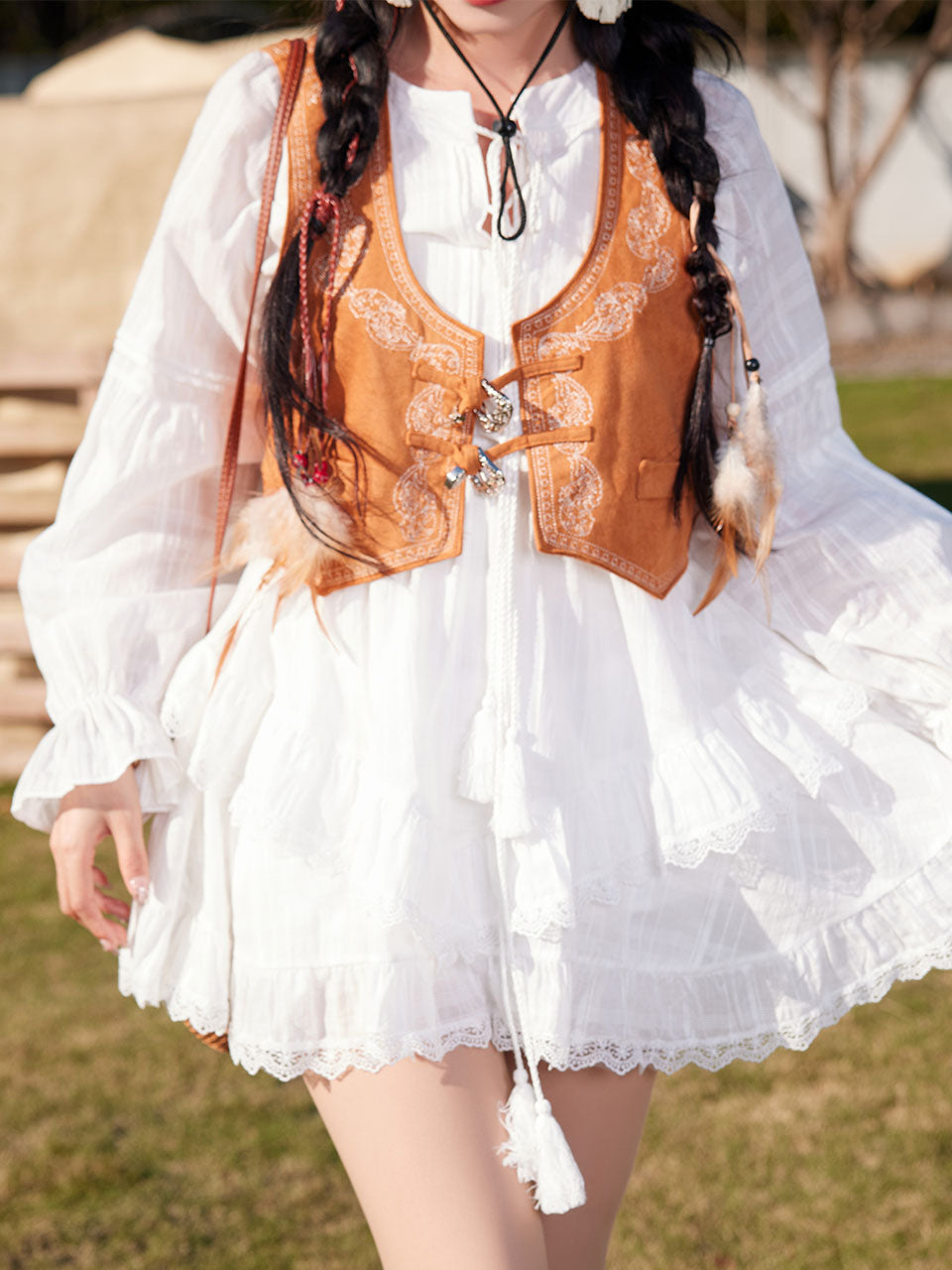 Bohemian White Long-sleeved Ruffles Mini Dress with Suede Embroidered Jolly Vintage Bohemian White Long-sleeved Ruffles Mini Dress with Suede Embroidered Jolly Vintage