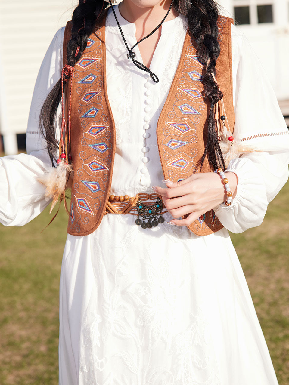 Bohemian White Embroidered Cotton Maxi Dress with Suede Embroidered Ve Jolly Vintage Bohemian White Embroidered Cotton Maxi Dress with Suede Embroidered Ve Jolly Vintage