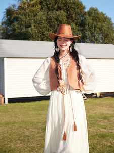 Bohemian White Ruffles Cotton Maxi Dress with Suede Embroidered Vest Boho Suit