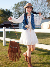 Load image into Gallery viewer, Bohemian White Long-sleeved Ruffles Mini Dress with Blue Suede Embroidered Vest Boho Suit