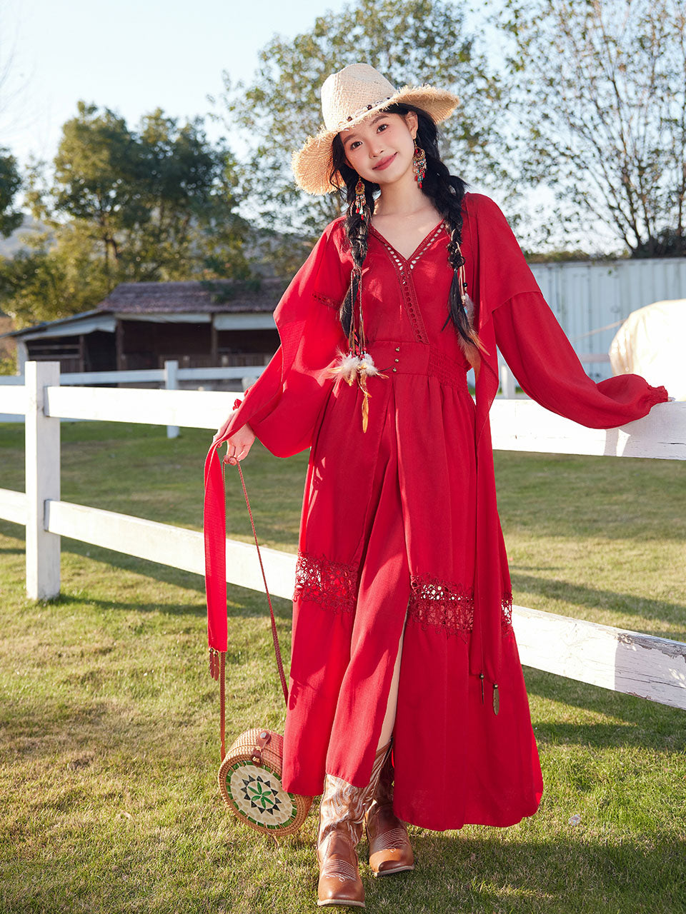 Red Bohemian V Neck Ruffled Lace High Waist Boho Maxi Dress, Red / M