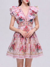 Load image into Gallery viewer, Women’s Boho Yellow Floral Printed Chiffon V-Neck Ruffled Summer Beach Mini Dress