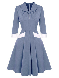 Denim Blue Turn Down Collar 1950S Vintage Swing Dress