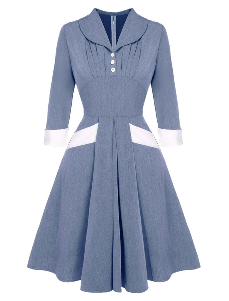 Denim Blue Turn Down Collar 1950S Vintage Swing Dress