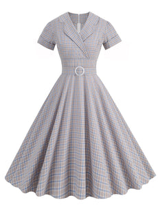 Sweat V Neck Plaid 1950S Vintage Swing Dress