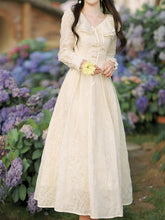Load image into Gallery viewer, Apricot Embroidered Ruffles V Neck Long Sleeve 1950S Vintage Dress
