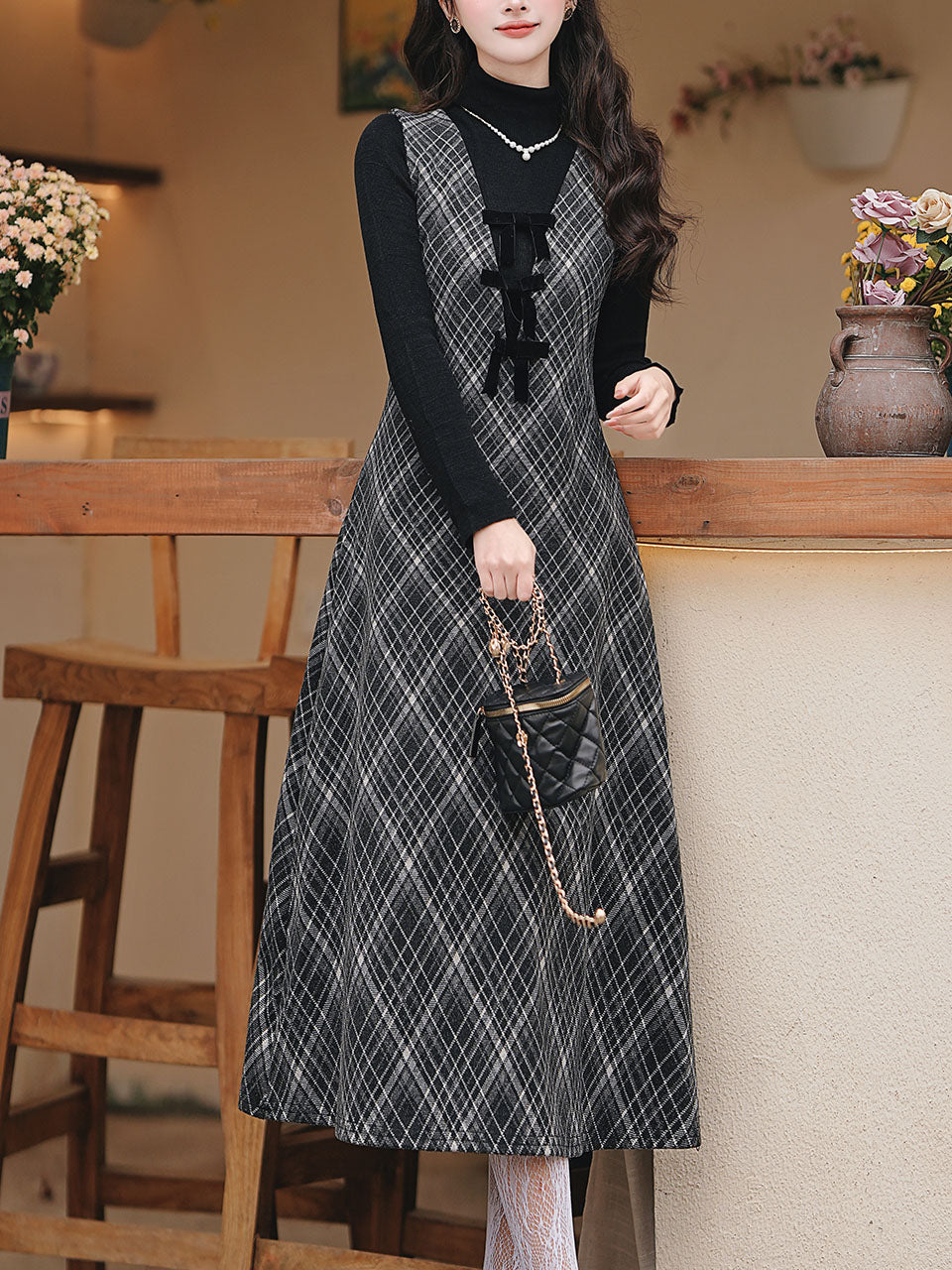 2PS Black Bowknot Retro Plaid Suspender Dress with Black Sweater Black / M 2PS Black Bowknot Retro Plaid Suspender Dress with Black Sweater Black / M