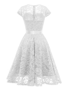 White Semi Sheer Solid Color 50s Party Lace Swing Dress