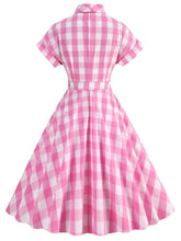 Load image into Gallery viewer, Pink And White Plaid Bow Collar Barbie Same Style 1950S Vintage Dress With Hat Set