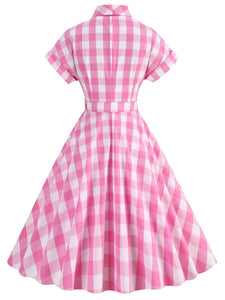 Pink And White Plaid Bow Collar Barbie Same Style 1950S Vintage Dress With Hat Set