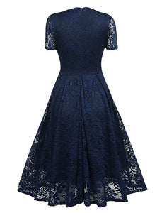 Solid Color Lace Short Sleeve V Neck 50s Party Swing Dress