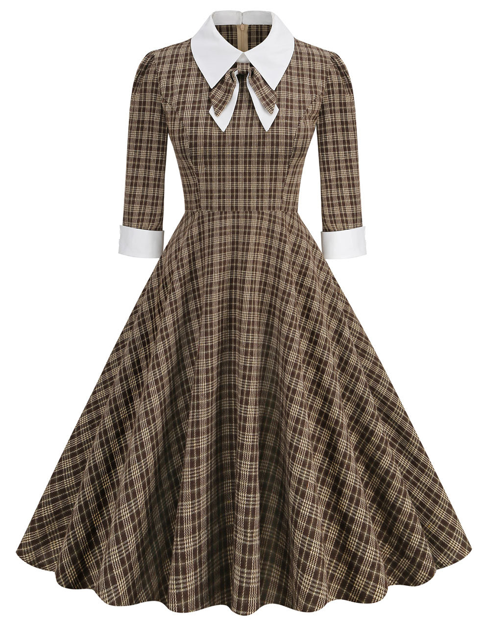 Big BowKnot Brown Plaid 3/4 Sleeve 1950S Vintage Dress Inspired By Mrs. Maisel, Brown / S Big BowKnot Brown Plaid 3/4 Sleeve 1950S Vintage Dress Inspired By Mrs. Maisel, Brown / S