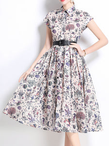 1940S Classic Shirt Collar Vintage Print Cap Sleeve Cotton Dress