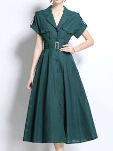 1940S Lapel Shirt Cotton Dress with Pockets