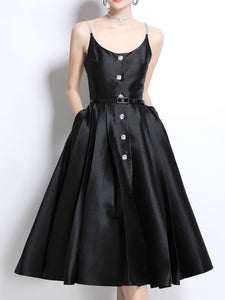 Pink Luxury Diamond Strap Satin Prom Dress With Pockets